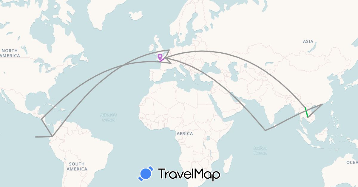 TravelMap itinerary: bus, plane, train in Switzerland, Ecuador, France, Hong Kong, Cambodia, Laos, Sri Lanka, Maldives, Nicaragua (Asia, Europe, North America, South America)